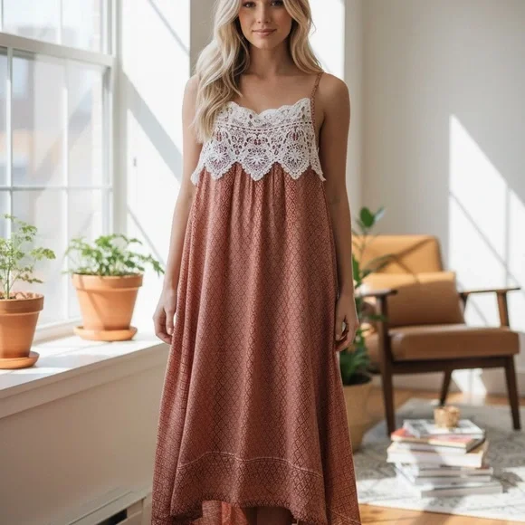 Alya Boho Rust Diamond Print Crochet Lace Trim Slip Boho Dress Medium - Picture 6 of 6